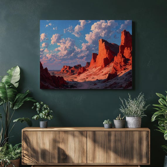 Desert Sunset Canyon Canvas Wall Art Glowing Red Rock Vibrant Sky Clouds Colorful Southwestern Landscape Print Nature Decor