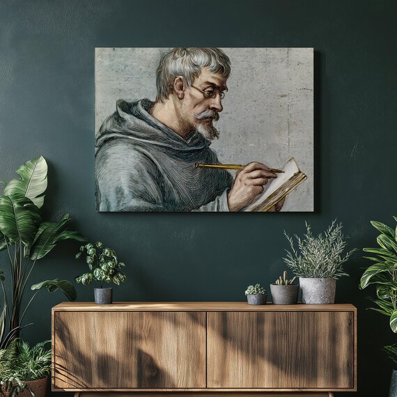 Medieval Scholar Writing Quill Vintage Etching Portrait Study Poster