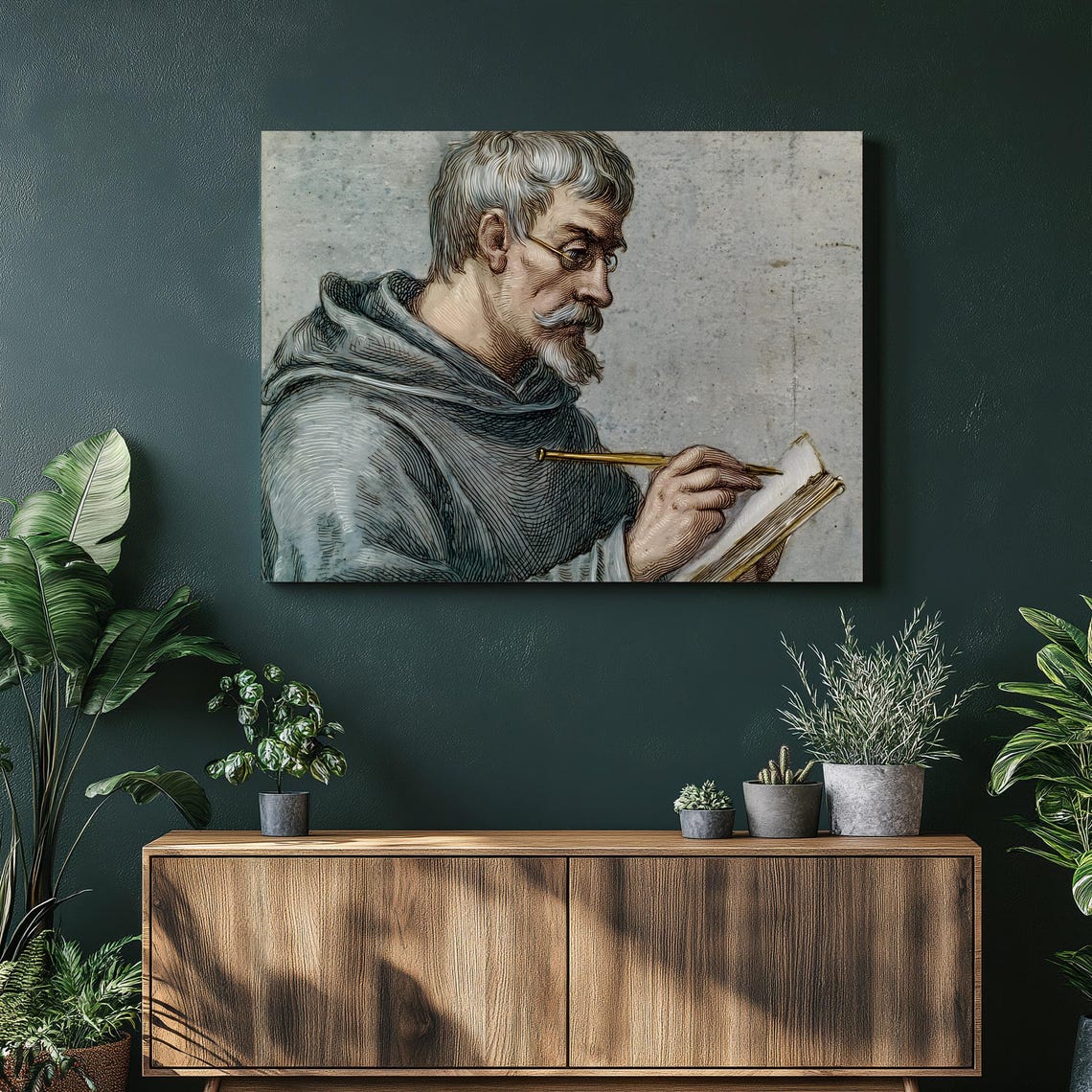Medieval Scholar Writing Quill Vintage Etching Portrait Study Poster