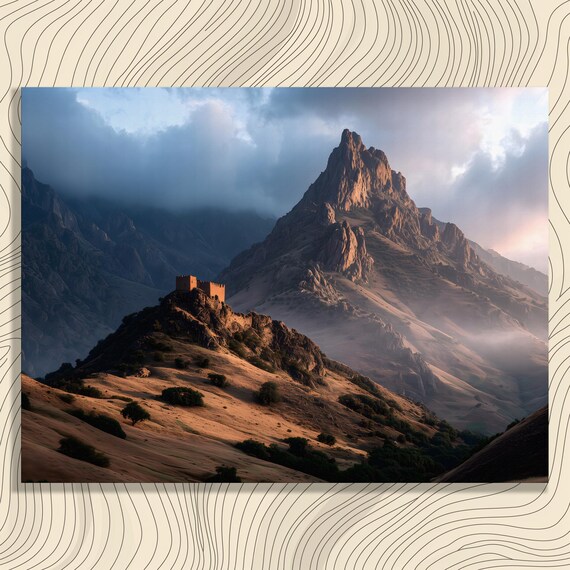 Misty Castle Landscape Canvas Wall Art Medieval Ruins Print Rustic Decor Mountain Artwork Moody Clouds Mountains Classic