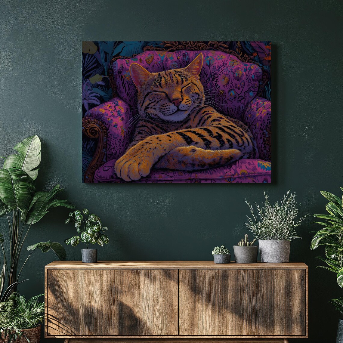 Sleepy Tabby Cat Curled on Purple Floral Armchair Cozy Boho Poster