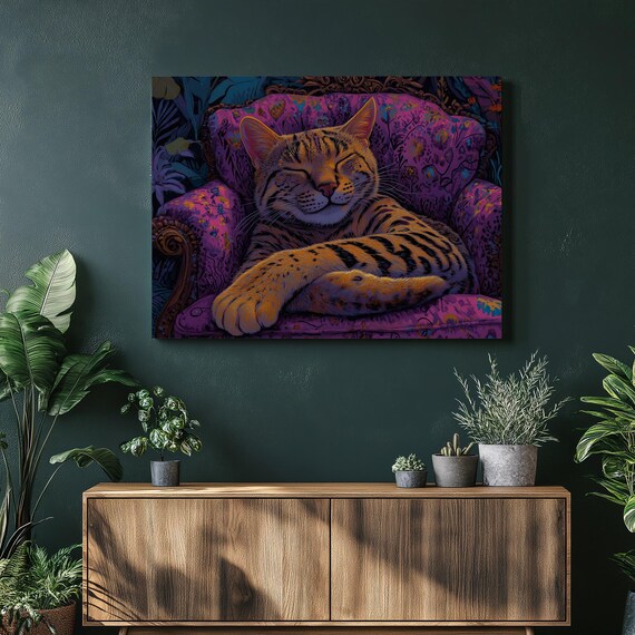 Sleepy Tabby Cat Curled on Purple Floral Armchair Cozy Boho Poster