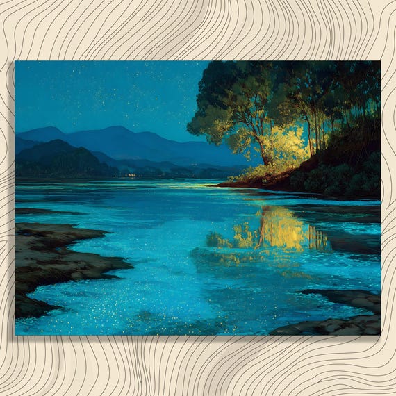 Starry Lake Night Canvas Wall Art Blue Gold Landscape Print Modern Mountain Reflection Painting Nature Decor Tranquil Starscape Gift