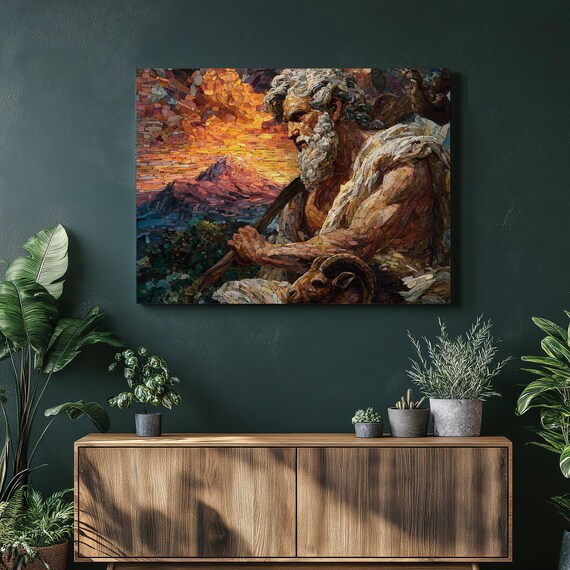 Biblical Shepherd With Ram Mosaic Style Mountain Sunset Art Poster