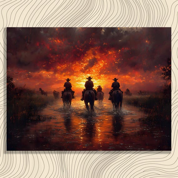 Cowboys Sunset Canvas Wall Art Vintage Western Print Landscape Water Reflection Dramatic Sky Scene Rustic Primitive Impressionism Style