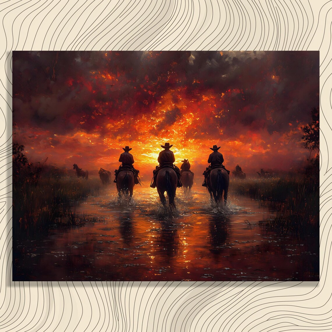 Cowboys on Horseback River Crossing Fiery Sunset Western Art Print