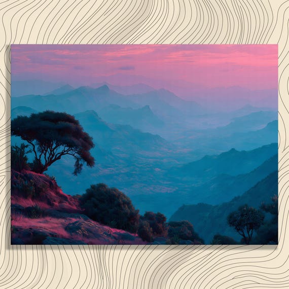 Mystical Mountain Landscape Canvas Wall Art Dreamy Sunset Valley Decor Print Pink Blue Nature Scenery Poster Serene Hillside