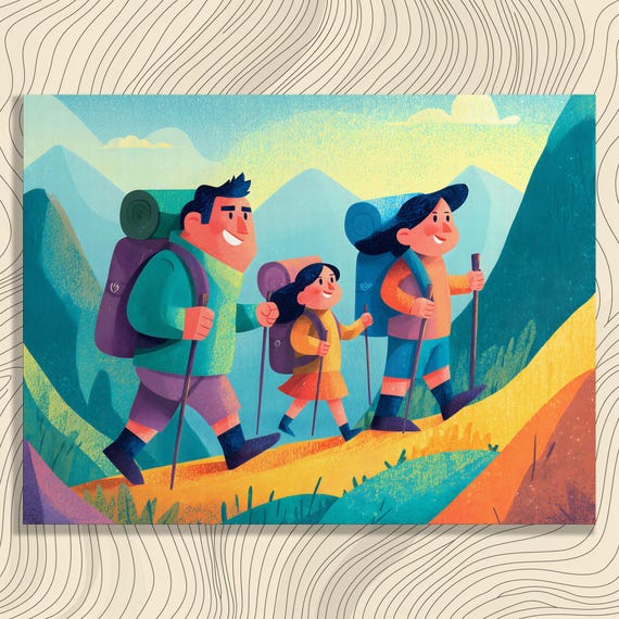 Colorful Family Hiking Canvas Wall Art Mountain Trail Adventure Illustration Sunrise Landscape Print Backpack Nature Lovers Gift