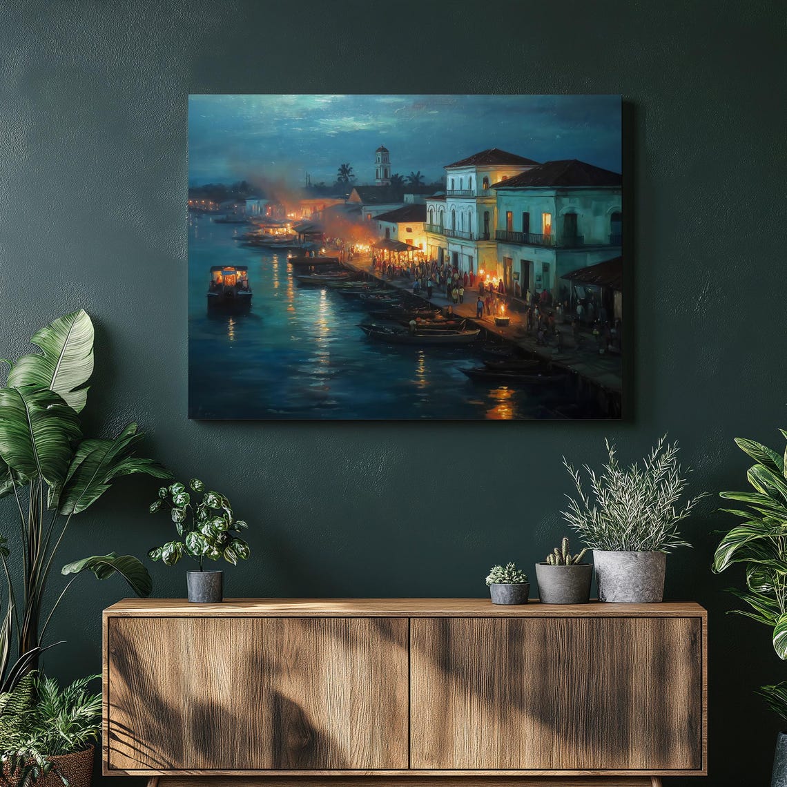 Glowing Night Market Riverfront Lanterns Boats Evening Poster