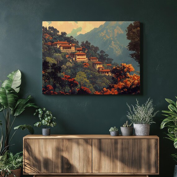 Mountain Village Canvas Wall Art Villas On Hillside Roofs Orange Blossom Trees Scenery Vintage Nature Painting Botanical Print