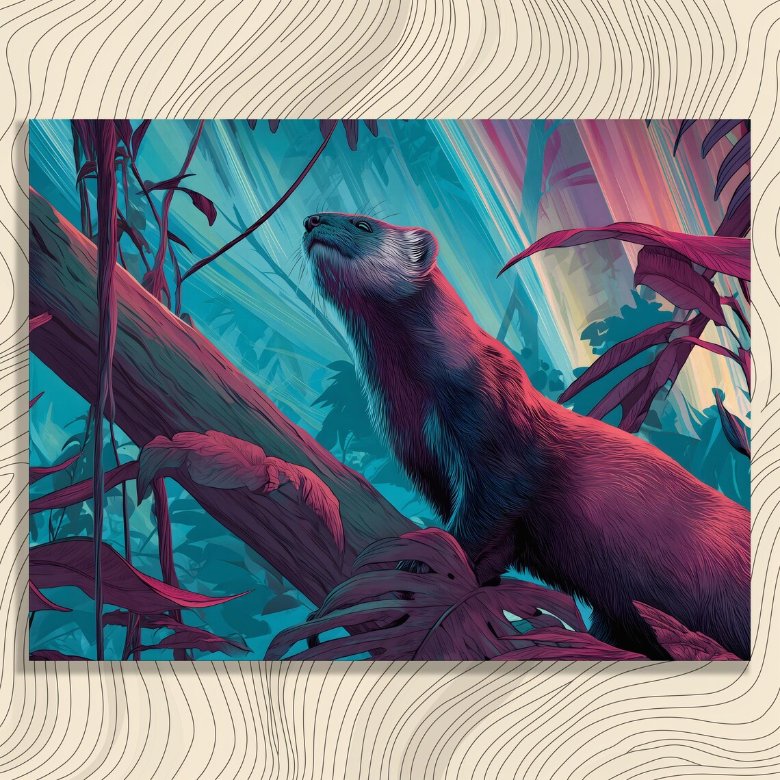 Ferret in Neon Jungle Magenta Teal Rainforest Wildlife Illustration Poster