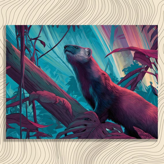 Colorful Ferret Jungle Canvas Wall Art Tropical Rainforest Print Wildlife Decor Botanical Painting Neon Animal Illustration Gift