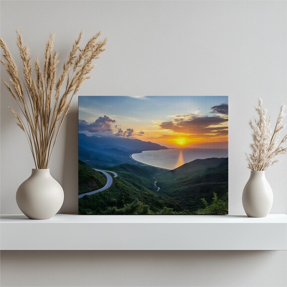 Sunset Coastal Highway Overlooking Ocean Bay Scenic Photo Print