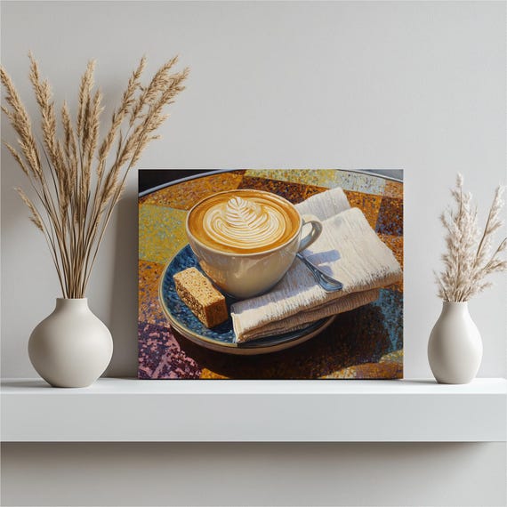 Latte Art Coffee Canvas Wall Modern Cup Of Cappuccino With Saucer Biscotti On Colorful Mosaic Table Cafe Decor Kitchen Artwork Gift