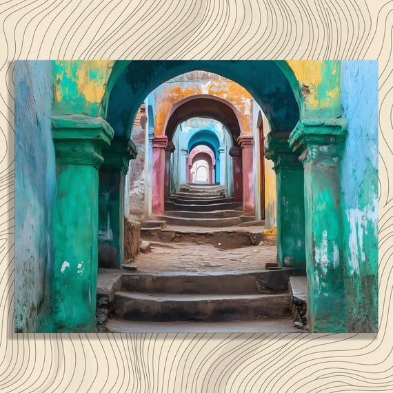 Architectural Design Canvas Wall Art Colorful Bohemian Alleyway Texture Painting Print Arch Decor Urban Historic Scene