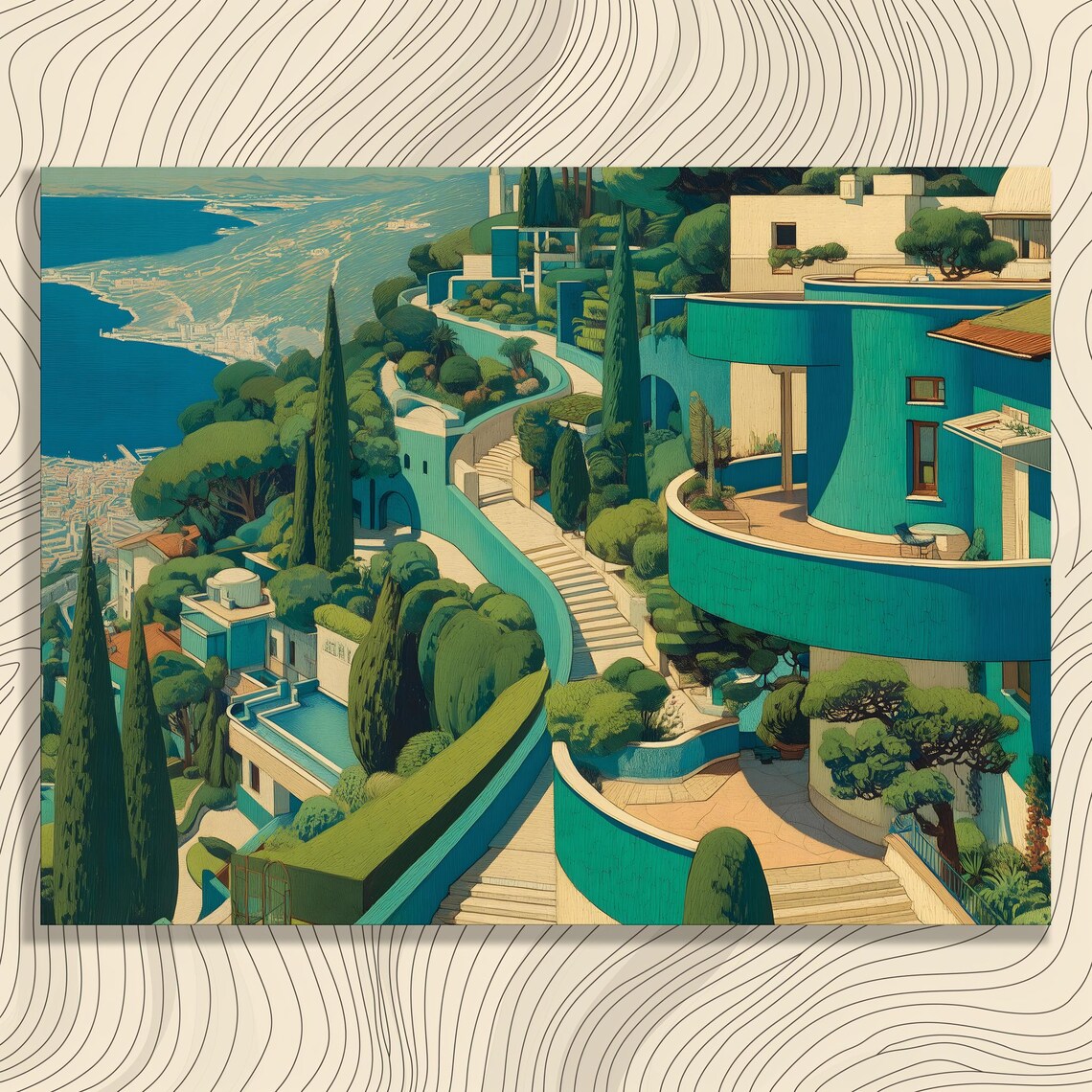 Modern Hillside Coastal Villas Futuristic Architecture Art Poster
