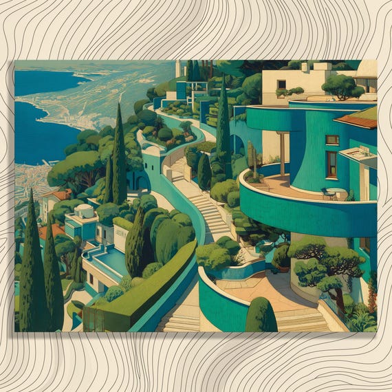 Coastal Modern Canvas Wall Art Futuristic Architecture Landscape Print Vibrant Greenery Nature Decor Premium Artwork Gift