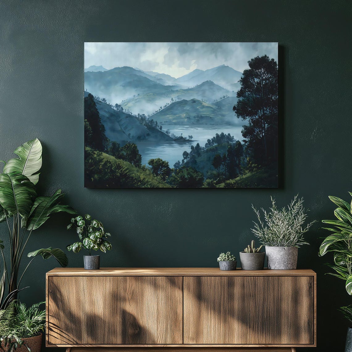 Misty Mountain Lake Rolling Hills Scenic Watercolor View Poster