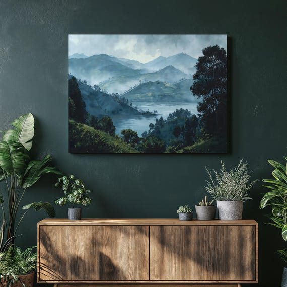 Misty Mountain Lake Canvas Wall Art Rolling Hills Scenic Vista Watercolor Landscape Valley Blue Green Nature Decor Print Gift For Hikers