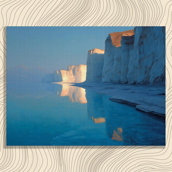 White Coastal Cliffs Ocean Reflection Dawn Light Blue Canvas Wall Art