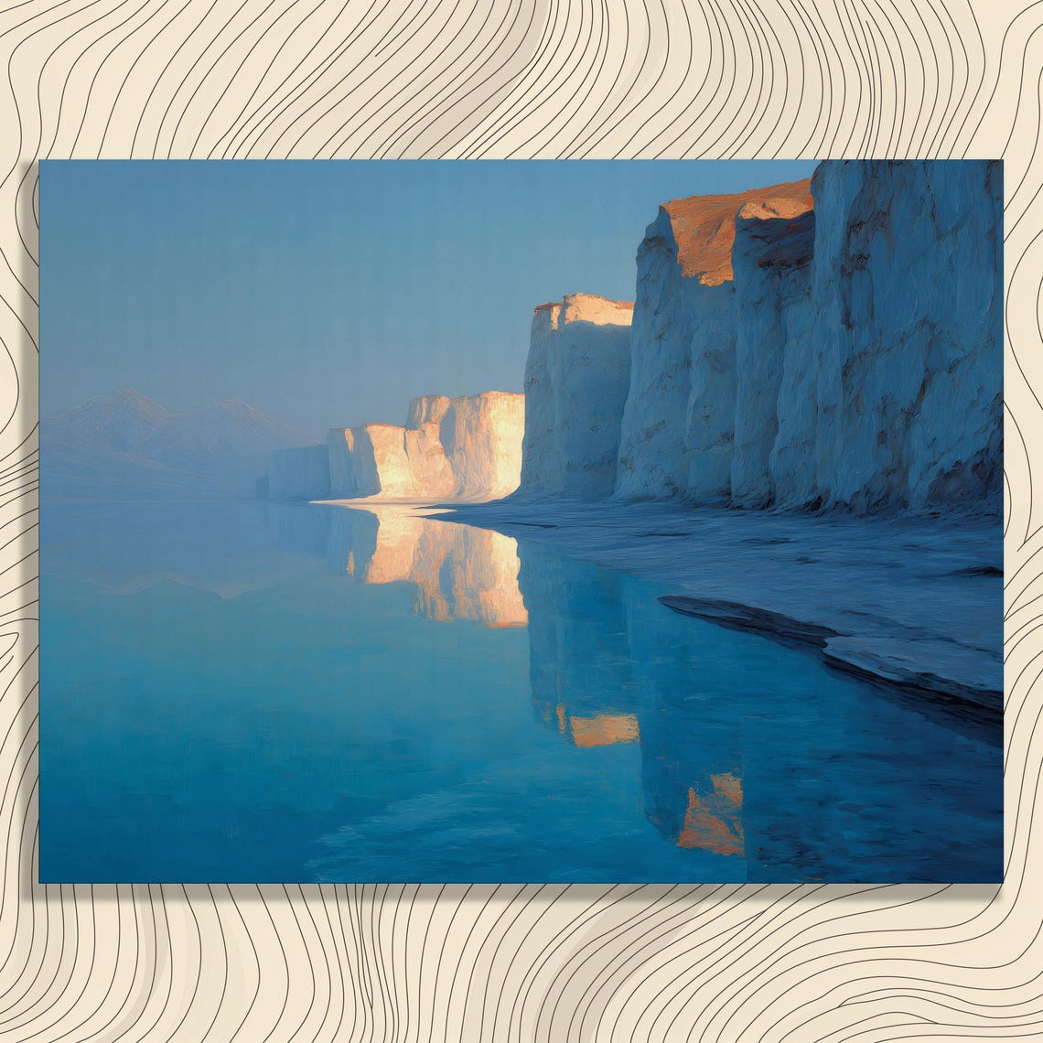White Coastal Cliffs Ocean Reflection Dawn Light Blue Canvas Wall Art