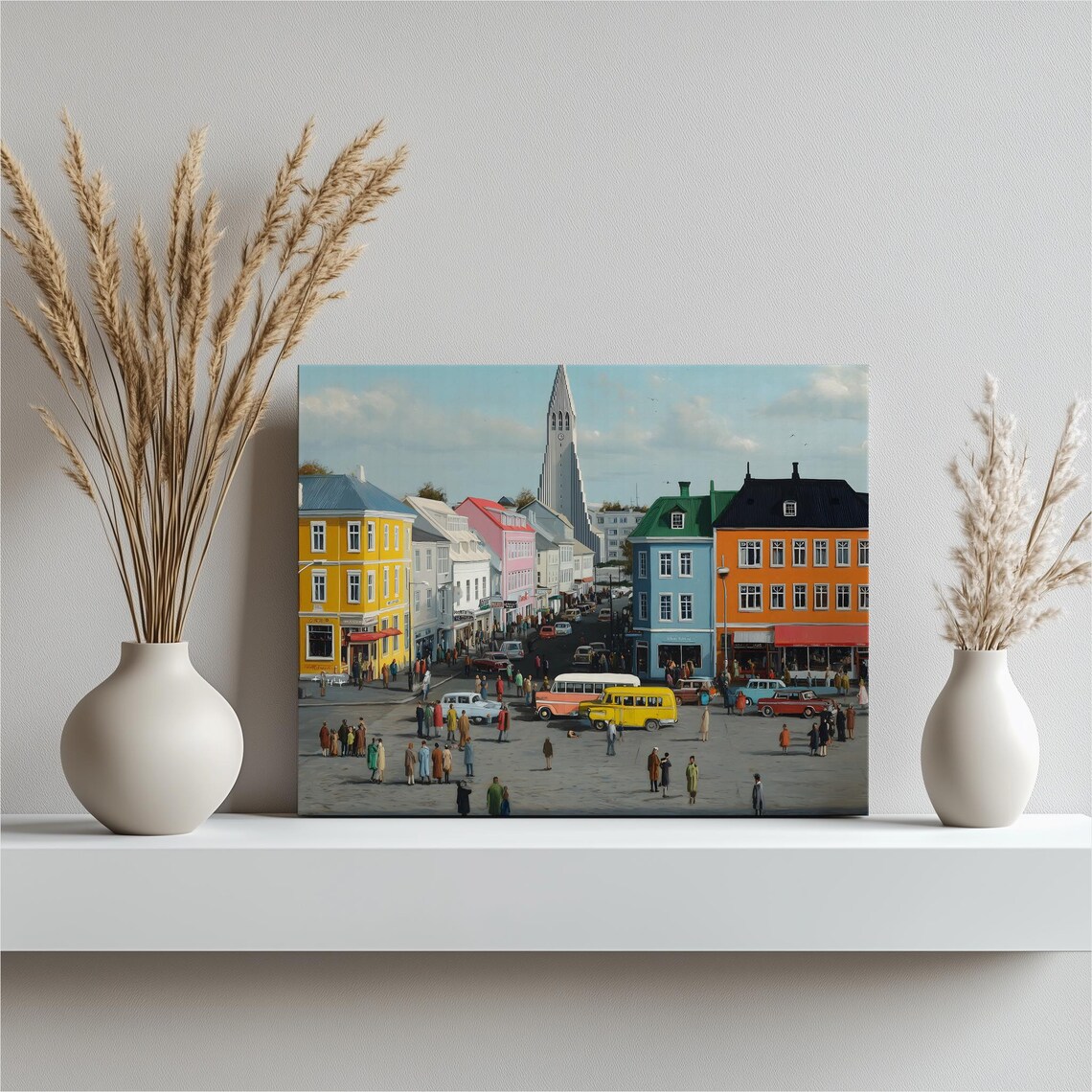 Iceland Street Scene Canvas Wall Art Vintage Travel Poster Europe Decor Cityscape Print Urban Skyline Illustration Scandinavian Prin