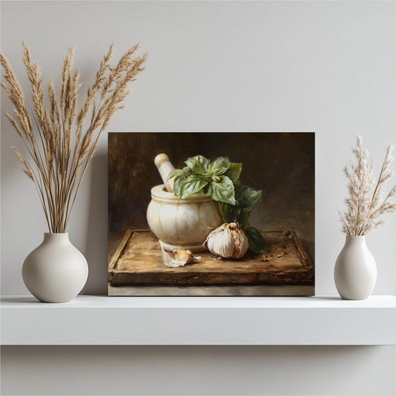 Garlic Basil Canvas Wall Art Rustic Farmhouse Still Life Print Mortar And Pestle Traditional Painting Culinary Decor Food Lovers Gift