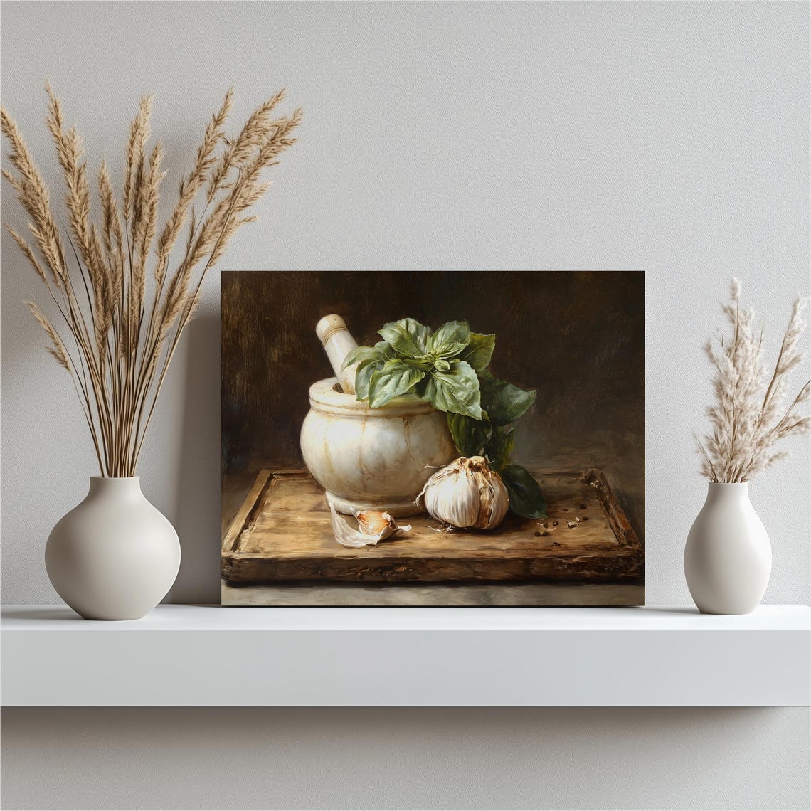 Rustic Kitchen Still Life Poster Mortar Pestle Basil Garlic Painting