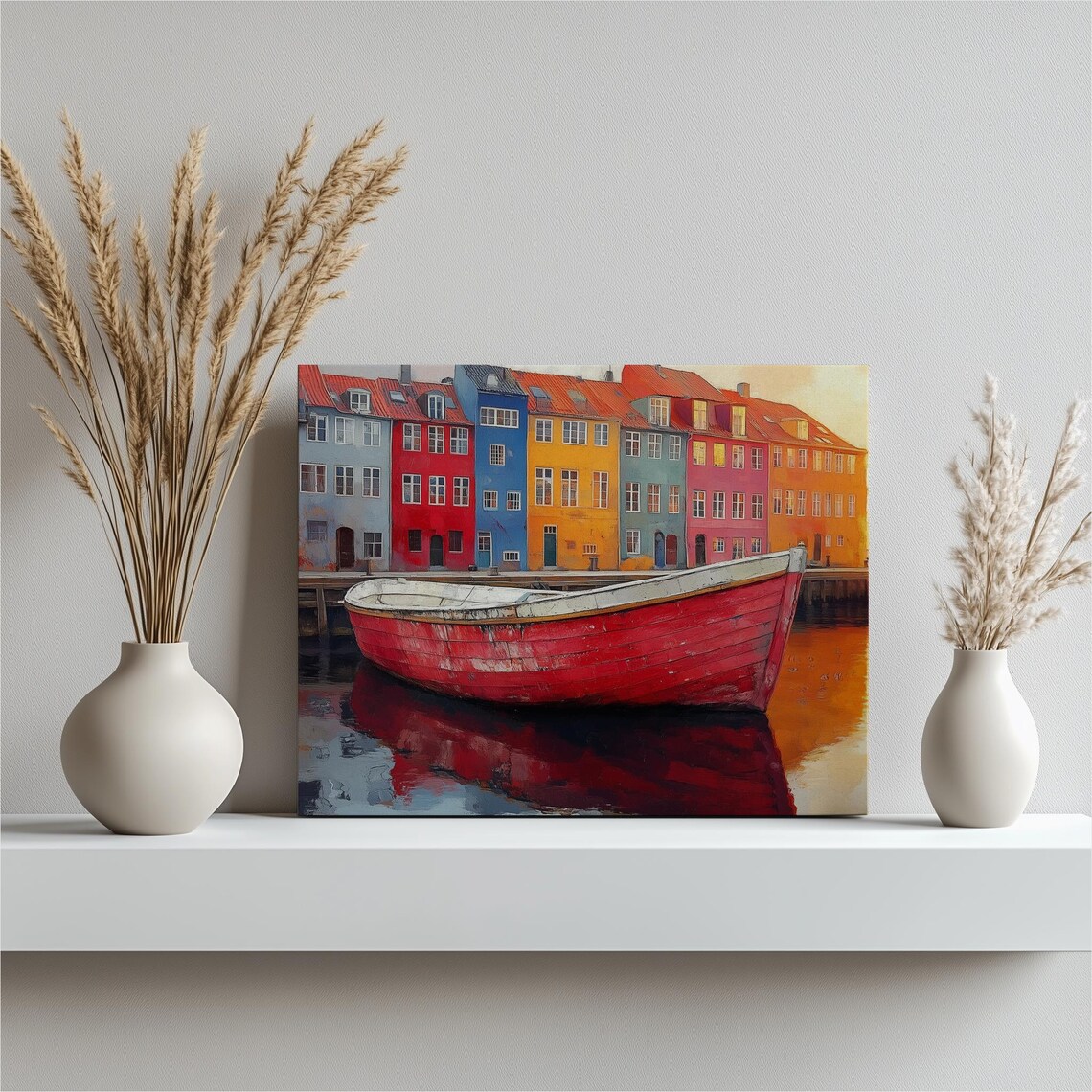 Nyhavn Copenhagen Red Boat Colorful Harbor Scene Painting Poster
