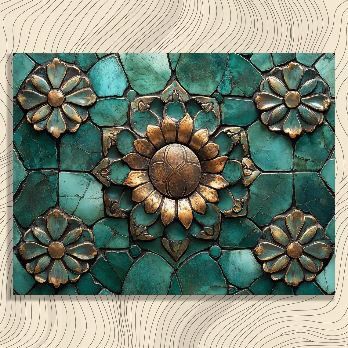 Teal Bronze Floral Mosaic Tile Vintage Flower Medallion Art Poster