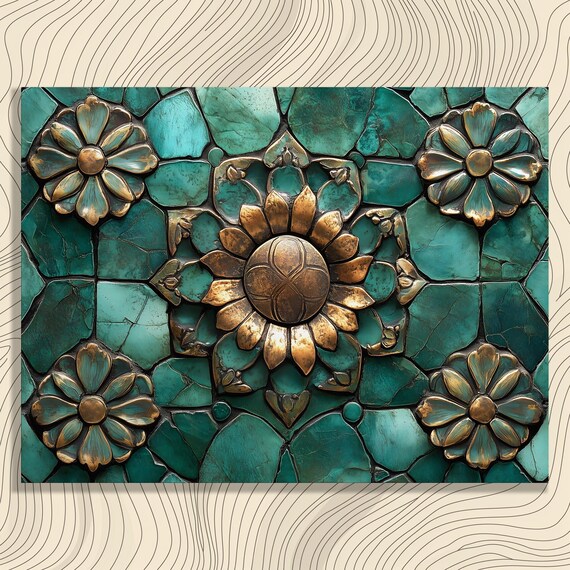 Teal Bronze Floral Mosaic Tile Vintage Flower Medallion Art Poster