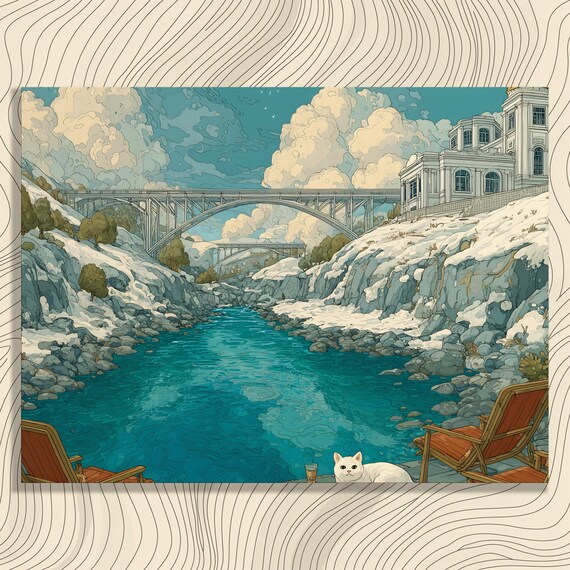 Snowy Mountain River Arch Bridge With White Cat Illustrated Poster