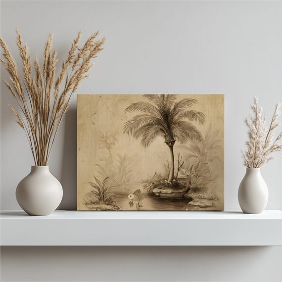 Vintage Tropical Canvas Wall Art Palm Tree Sepia Botanical Island Pond Illustration With Fish Foliage Coastal Nature Print