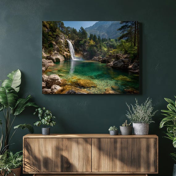 Waterfall Emerald Pool Canvas Wall Art Mountain Nature Decor Landscape Print Lush Forest Colorful Contemporary Scenery