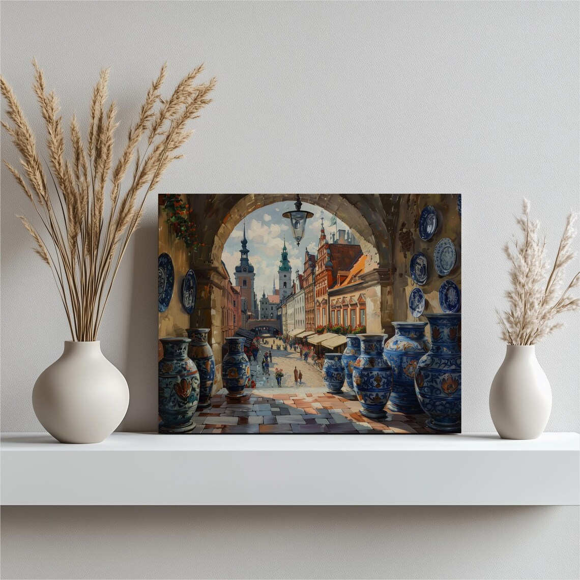 Old Town Square Seen Through Archway with Blue Porcelain Vases Poster