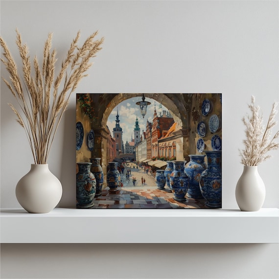 Colorful Krakow Cityscape Canvas Wall Art Polish Blue Pottery Street Scene Print Vibrant European Architecture Decor Gift