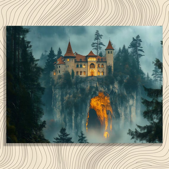 Mystical Castle Canvas Wall Art Gothic Architecture Painting Fog Mystery Artwork Cliff Nature