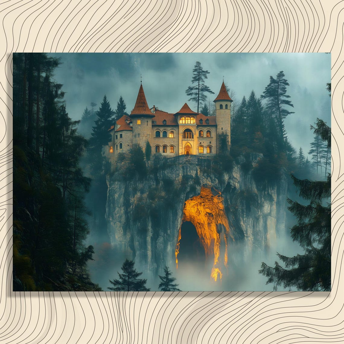 Mystical Castle Canvas Wall Art Gothic Architecture Painting Fog Mystery Artwork Cliff Nature