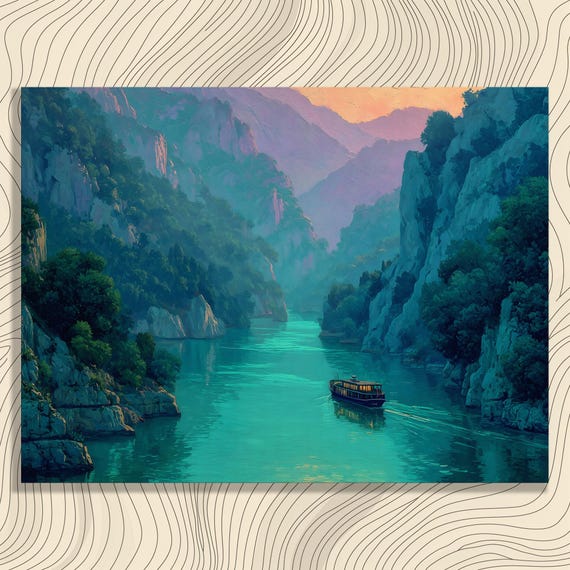 Colorful Canyon River Canvas Wall Art Sunset Mountain Valley Boat Scene Nature Decor Contemporary Landscape Print Impressionist Forest
