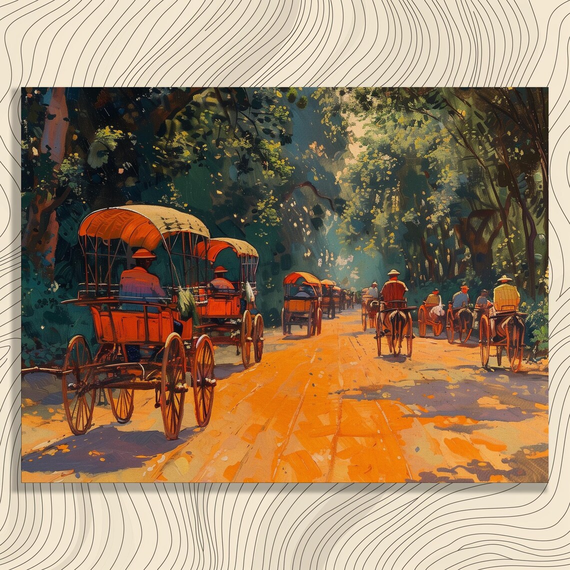 Vintage Rickshaw Street Scene Painting Sunlit Tropical Road Art Print