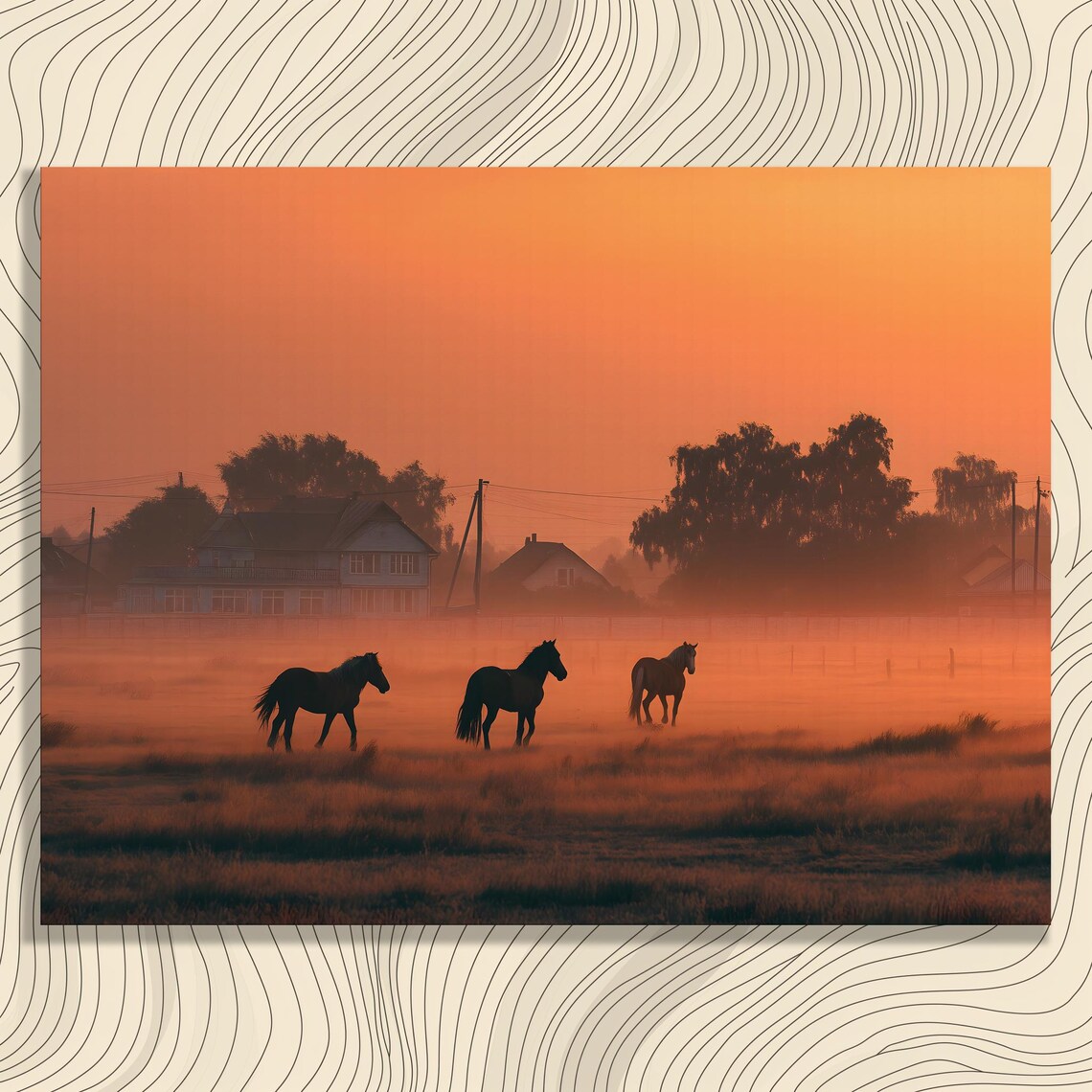 Wild Horses Sunrise Misty Farm Field Rustic Equine Art Poster