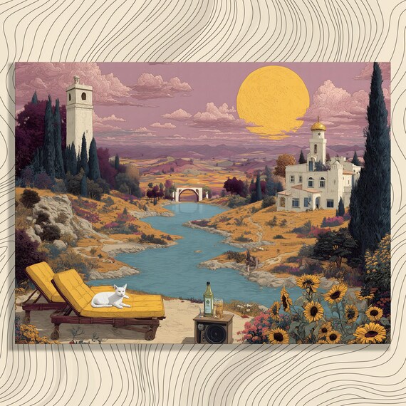 White Cat Resting By Mediterranean River Yellow Sun Cypress Poster