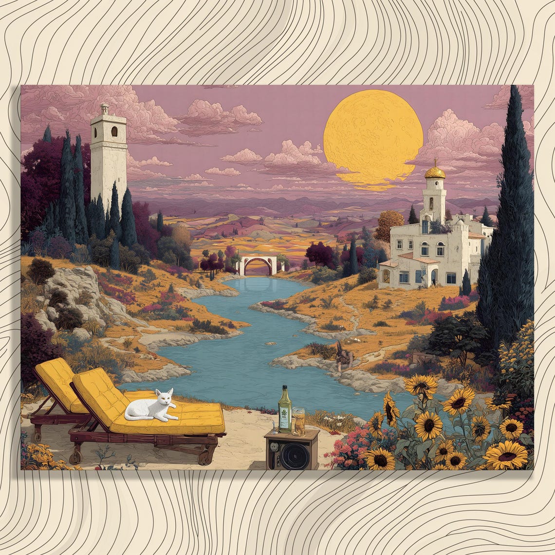 White Cat Resting By Mediterranean River Yellow Sun Cypress Poster