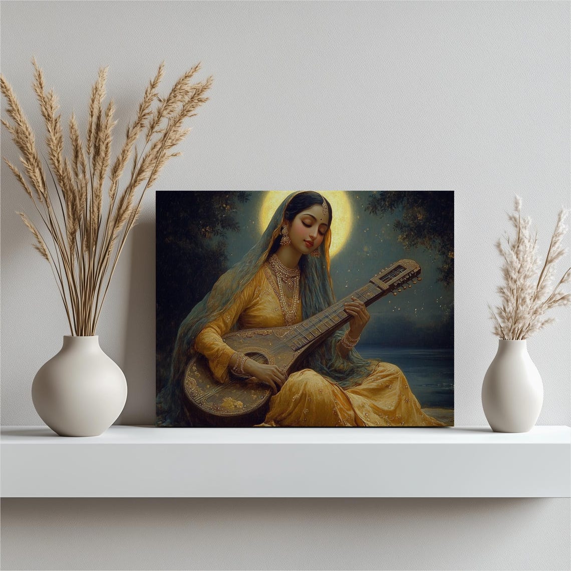 Indian Sitar Musician Moonlight Serene Night Classical Art Poster