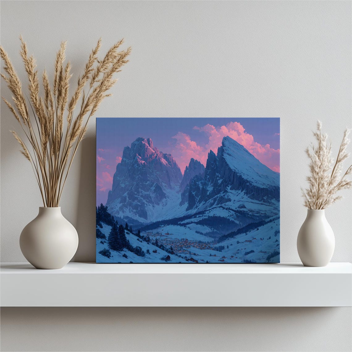 Italian Alps Snowy Village Twilight Pink Clouds Mountain Wall Art
