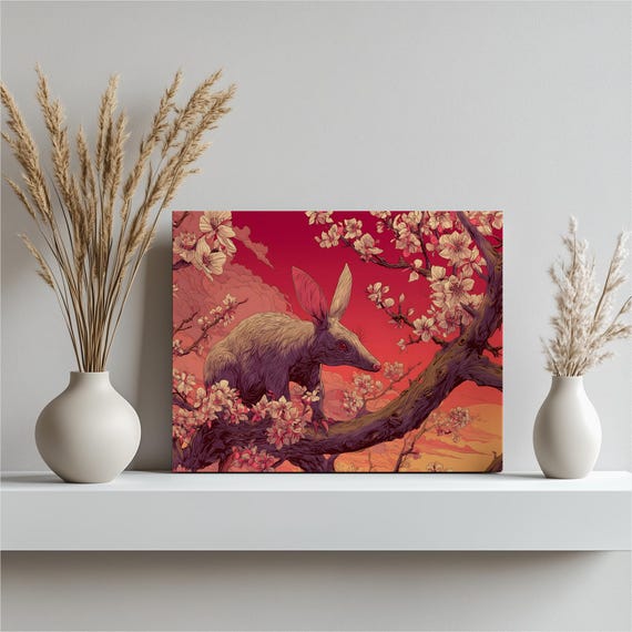 Aardvark Blossom Sunset Canvas Wall Art Surreal Wildlife Print Cherry Painting Nature Decor Colorful Contemporary Gift