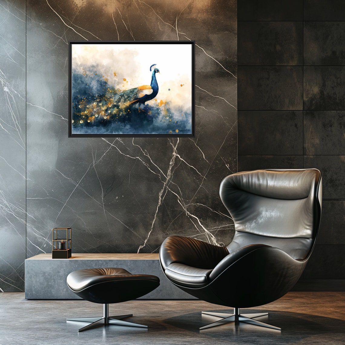 Peacock Watercolor Elegant Bird Art in Rich Blue and Gold Poster