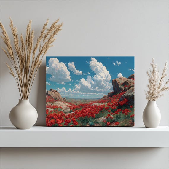 Poppy Field Canvas Wall Art Red Landscape Print Flower Meadow Decor Nature Hanging Botanical Garden Artwork Collection