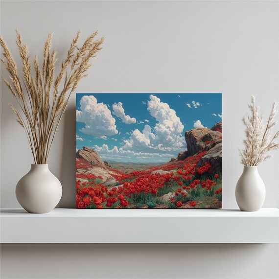 Red Poppy Meadow Rocky Hills Dramatic Clouds Landscape Art Poster