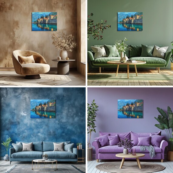 Mediterranean Harbor Village Colorful Waterfront Canvas Wall Art